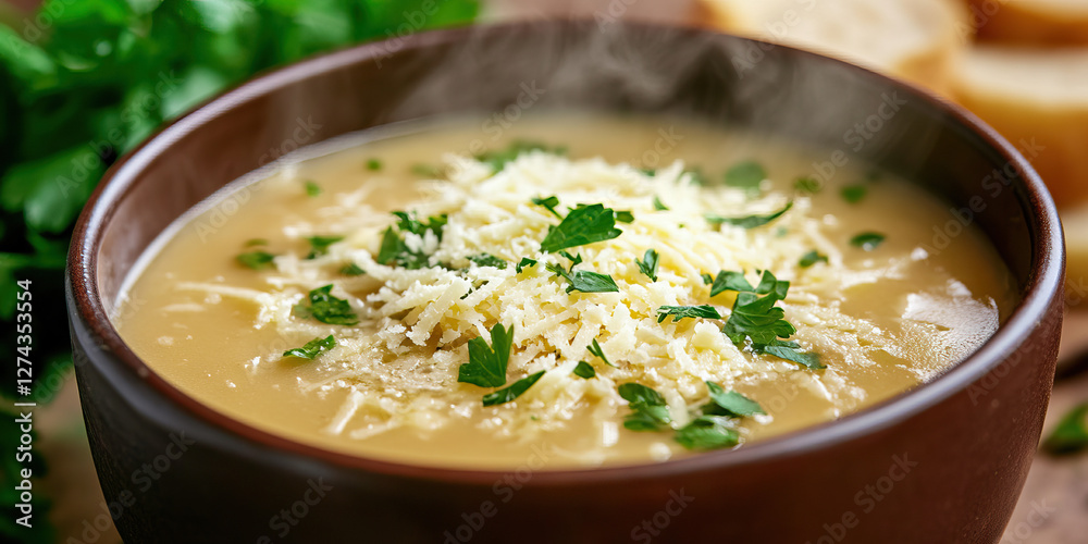 Creamy Soup with Grated Cheese and Parsley Garnish Creamy Soup with Grated Cheese and Parsley Garnish