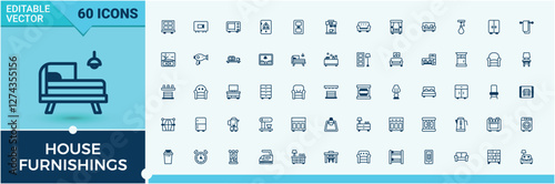 House Furnishings icon. It contains symbols to car, sofa, bathroom, curtain, toilet, cabinet, bath, decoration. Minimal icon. Editable vector outline and solid icons.