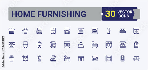 Set of Home Furnishing line icons. Related to frame, decor, car, living, curtain, lamp, shower, shelf. Sign and Symbol. Vector line and solid icons.