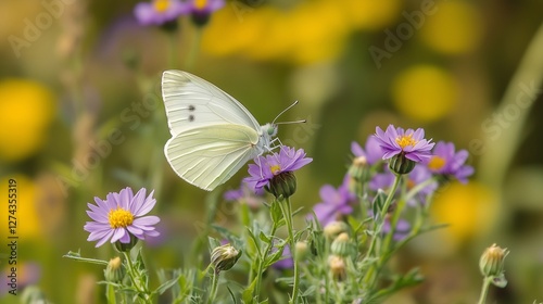 Beautiful wild flowers chamomile, purple wild peas, butterfly in morning haze in nature close-up macro