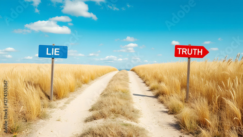 Path splitting into two, one leading to Lie and the other to Truth, representing a symbolic crossroads and decision-making concept in life or business. photo