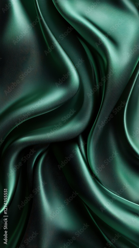 Fototapeta premium Shimmering dark green satin fabric draped elegantly in soft folds capturing light at a close perspective