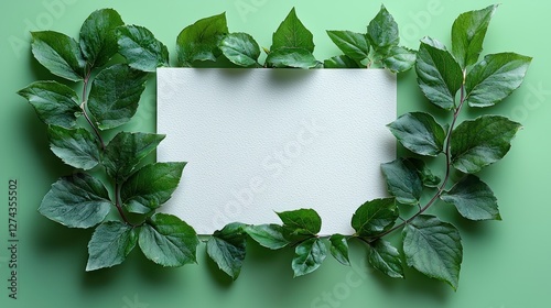 A blank white card framed by vibrant green leaves on a soft green background, ideal for invitations