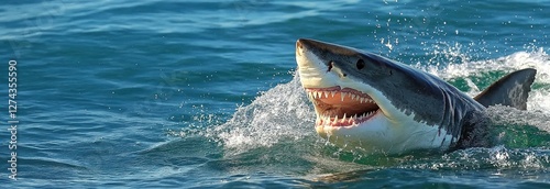  A close-up of a great white shark emerging from the water, showcasing its teeth and powerful presence.  Large white shark  Ready to attack its prey.