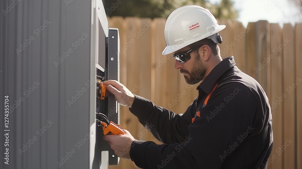 Electrical Worker Inspecting Power Meter with Tools in Safety Gear at Residential Property Near Wooden Fence