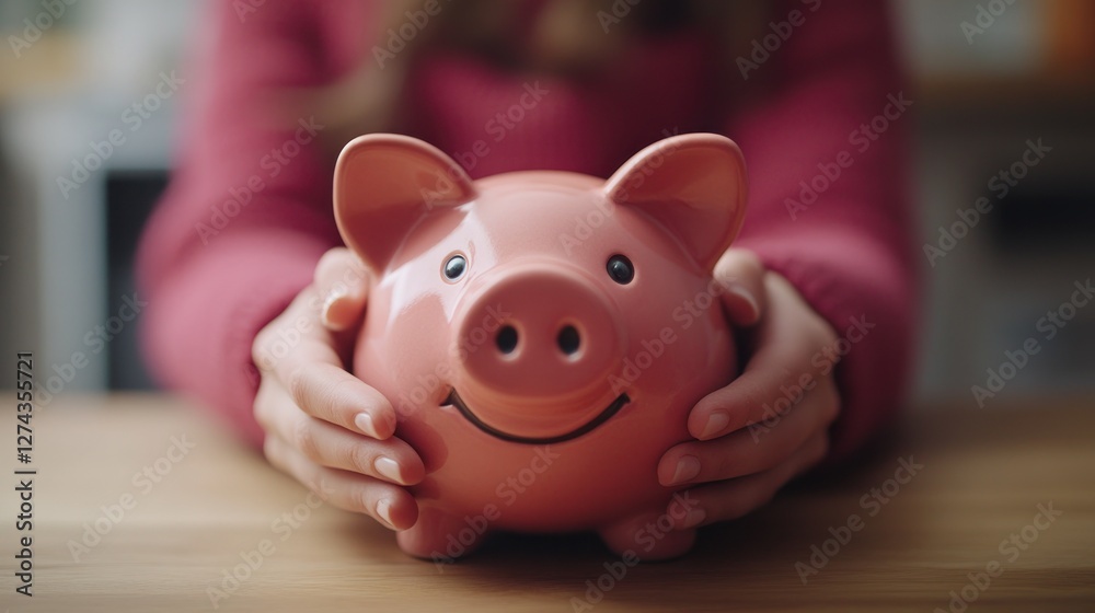 Girl saving money piggy bank home indoors Girl saving money piggy bank home indoors