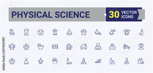 Physical Science isolated icon set. It contains symbols to engineering, formula, theory, electron, equation, nuclear, calculus and more. Minimal linear icons. Editable stroke. Vector illustration.