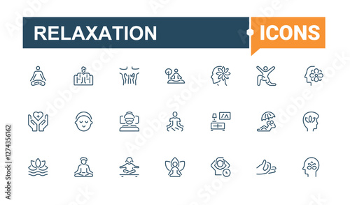Relaxation modern icons set. Includes thin line therapy, eat, relaxation, life, relax, simple, health, hot. Thin linear style icons. Editable stroke.