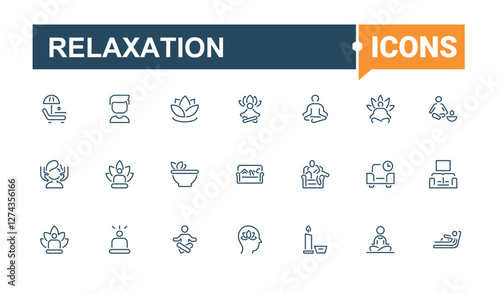 Relaxation modern icons set. Includes thin line therapy, eat, relaxation, life, relax, simple, health, hot. Thin linear style icons. Editable stroke.