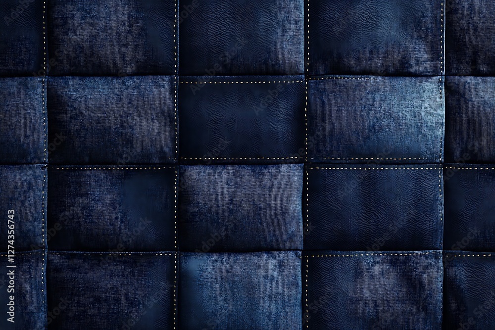 Quilted fabric. Background blue cloth sewn into the cell, stitching. Texture of the blanket, blue textile Quilted fabric. Background blue cloth sewn into the cell, stitching. Texture of the blanket, blue textile