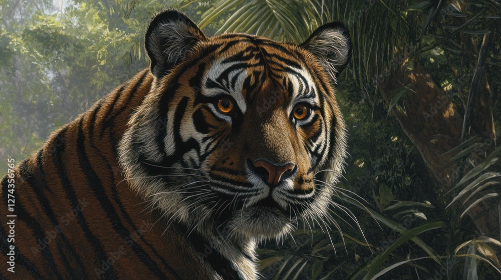 Fototapeta premium Majestic Tiger in Lush Tropical Jungle Habitat