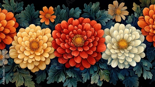 Vibrant floral arrangement featuring large chrysanthemums in rich colors against a dark backdrop