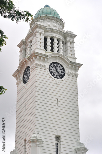 Singapore - January 21, 2024: Oldest Victoria Theatre and Concert Hall in Empress Place, Singapore, with a complex of two buildings and a clock tower.