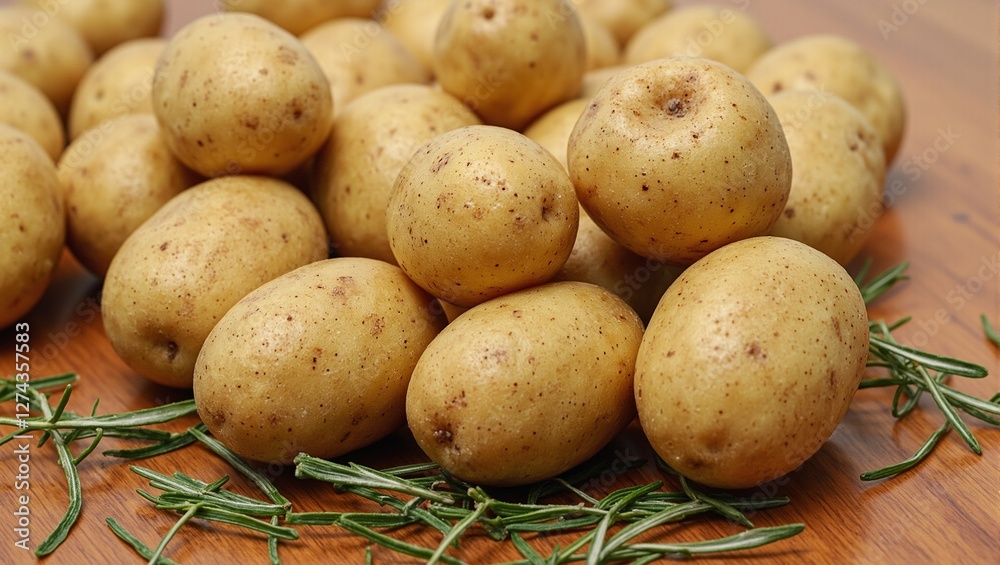 Fresh golden baby potatoes with rosemary on wooden surface Fresh golden baby potatoes with rosemary on wooden surface