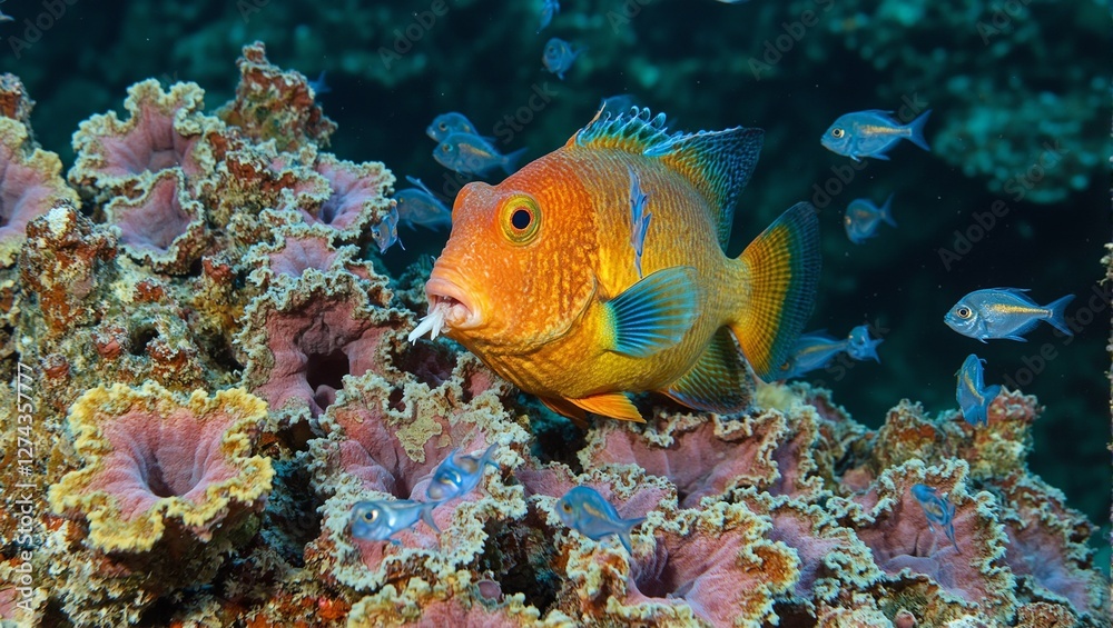 Vibrant parrotfish feeding on coral with smaller fish nearby Vibrant parrotfish feeding on coral with smaller fish nearby