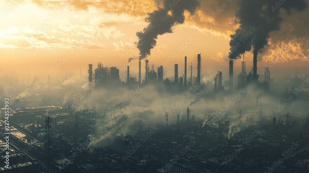 Fototapeta premium Heavy Smoke Covering Cityscape with Industrial Structures at Dusk