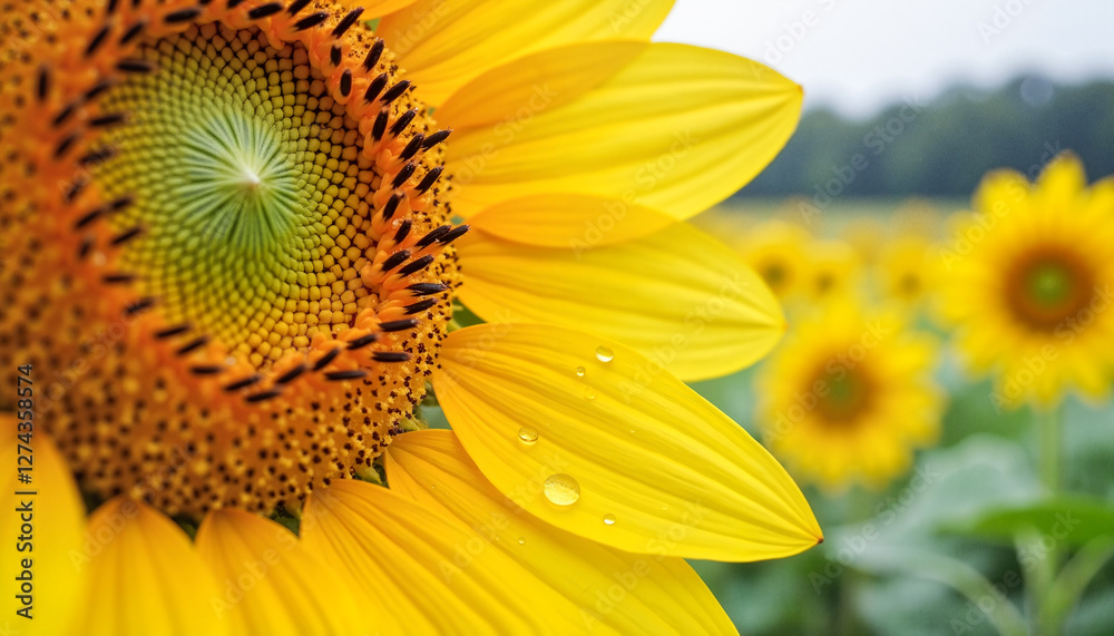 Close-up of shimmering raindrops on vibrant sunflower petals in a field setting after summer rain, nature’s beauty and rejuvenation concept.