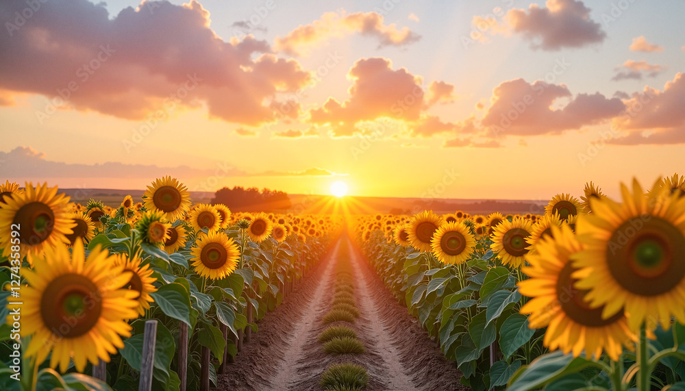 Fototapeta premium Sunflower field glowing at sunrise with vibrant golden and pink hues, serene nature concept.