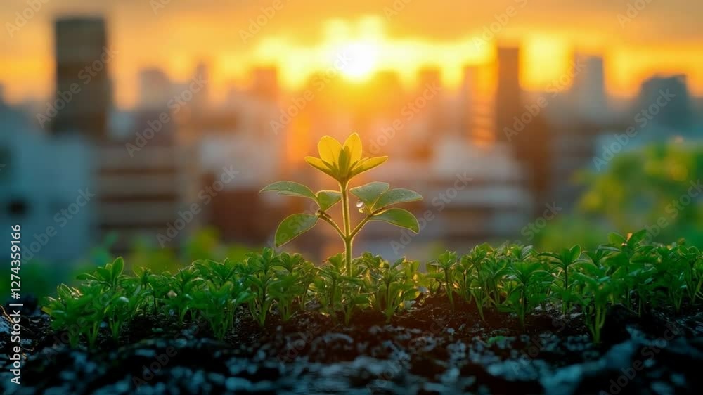 Urban sunrise: growing plant in cityscape timelapse showcasing change and nature's resilience. Digital detox concept. 