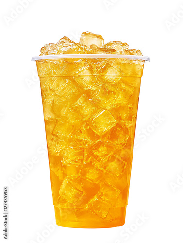 Tall Plastic Cup Filled with Iced Chrysanthemum Tea and Ice