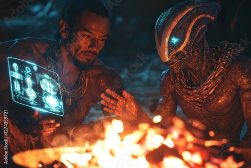 An interspecies dialogue by the warmth of the fire, human and alien sharing knowledge through holographic interface, fostering an understanding and bond between worlds. photo