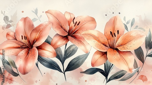 Beautiful watercolor illustration of three blooming lilies with soft pastel background and leaves