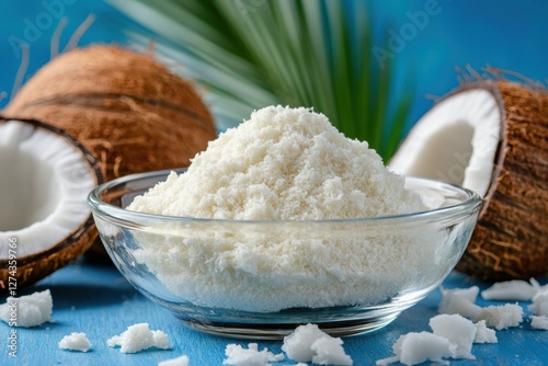 Freshly grated coconut in a bowl with coconuts in the background photo