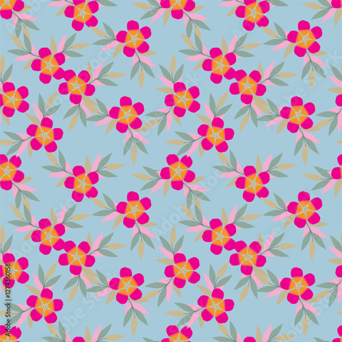 Vintage seamless floral pattern. Liberty style background of small coral pink flowers. Small flowers scattered over a beige background. Stock vector for printing on surfaces. Realistic plant flowers.