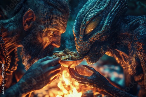 A captivating encounter: A weathered man shares a meal with a reptilian alien by a crackling fire, fostering an unusual connection and breaking barriers of space.