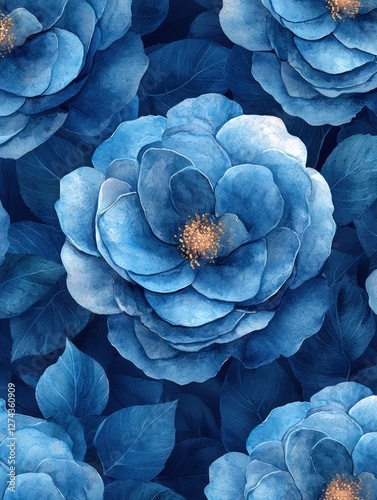 Vibrant blue floral pattern featuring large blossoms and lush green leaves on a dark background