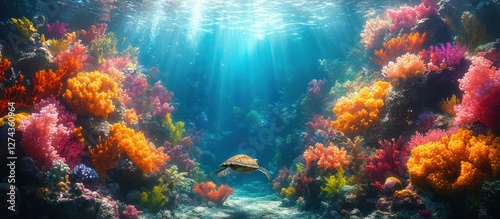 Fototapeta Naklejka Na Ścianę i Meble -  Vibrant coral reef scene with sea turtle.