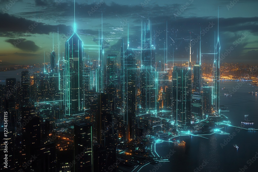 Obraz premium A global economic network represented by holographic nodes connecting major cities across the globe,