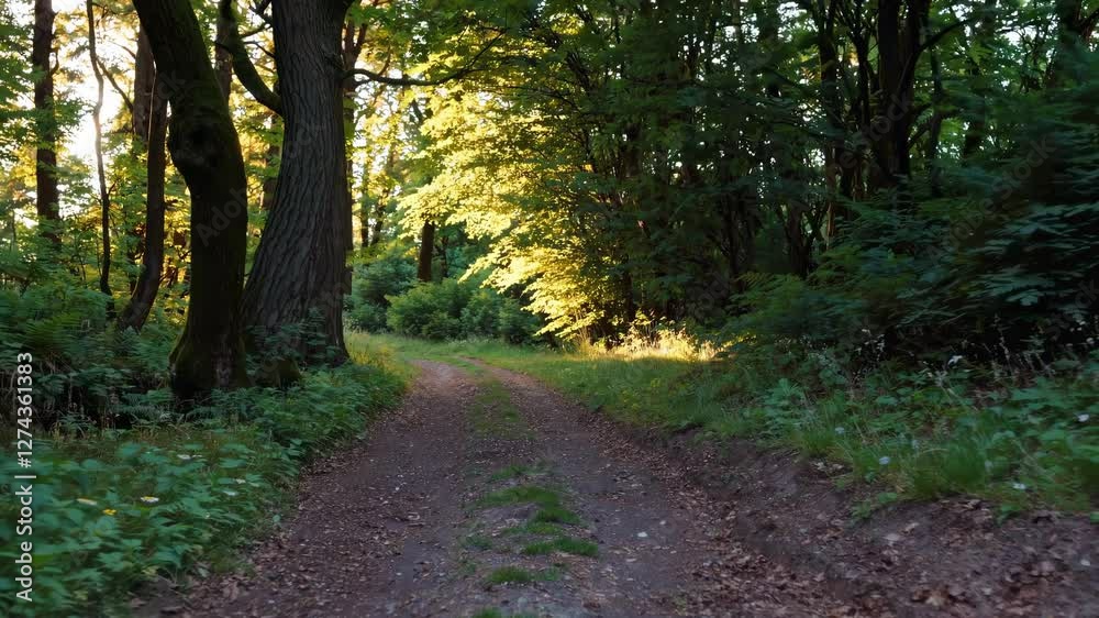 A serene forest path captured at eye level, showcasing lush greenery and dappled sunlight, perfect for a tranquil nature video backdrop. A serene forest path captured at eye level, showcasing lush greenery and dappled sunlight, perfect for a tranquil nature video backdrop.