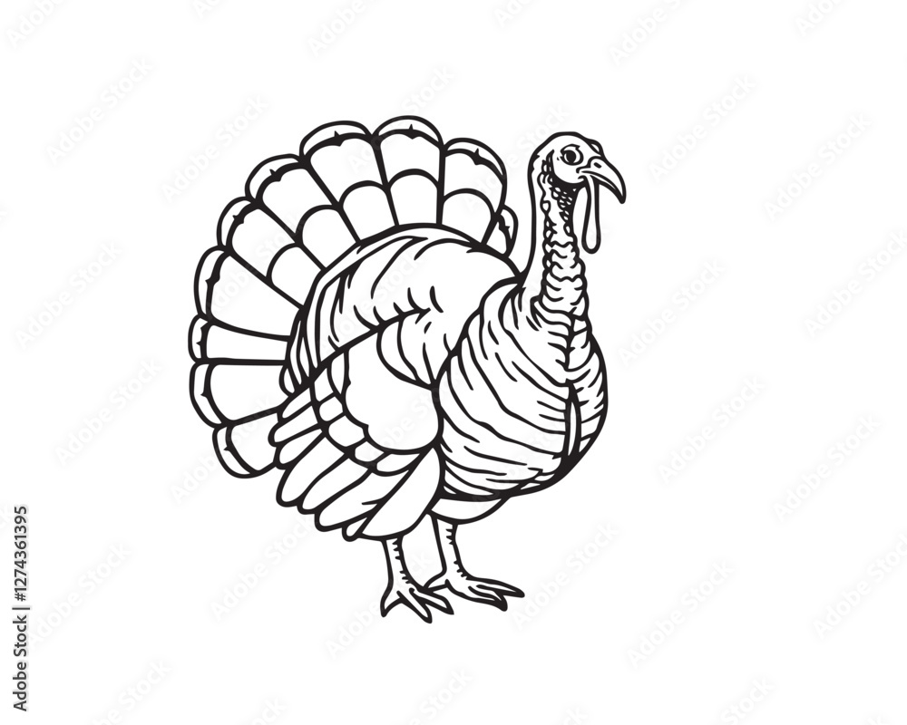 Fototapeta premium Black and white line art illustration of a turkey, natural earth tones, browns and beiges, muted colors, clear background, simple lines, easy to color, Vector.