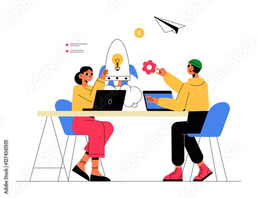 Two Marketers Collaborating On Idea Generation In Flat Vector Illustration Symbolizing Creativity, Innovation, And Business Development, Isolated On White Background.