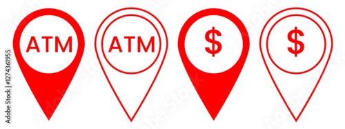 ATM Bank Booth with Dollar $ Sign and Location Pin Pointer Set Vector Illustration