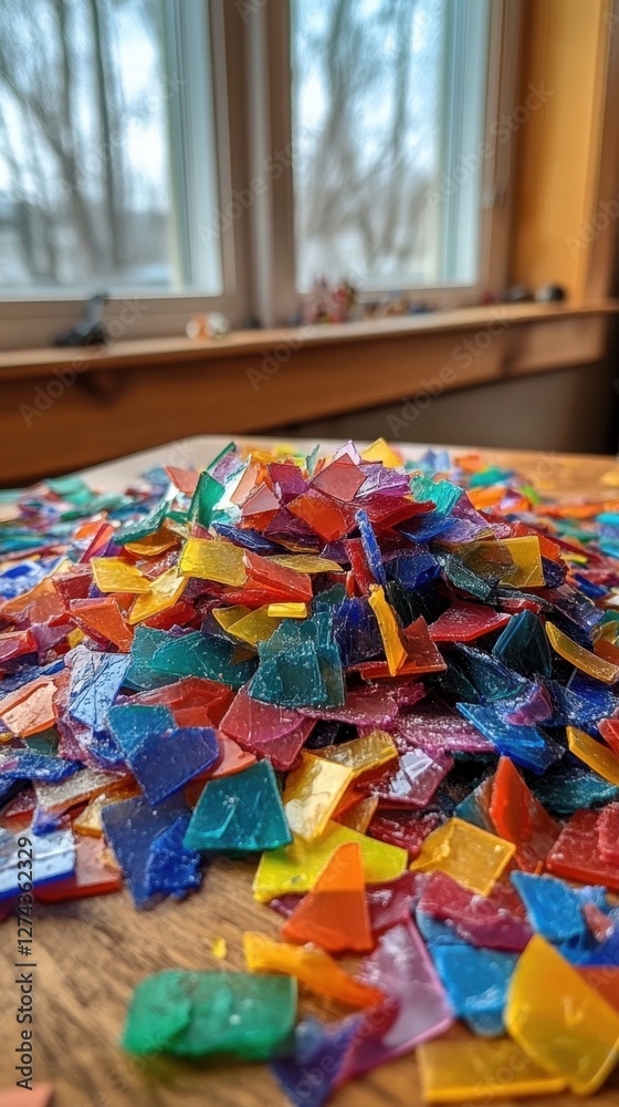 Fototapeta premium Vibrant mosaic glass pieces creating colorful texture on wooden table with natural light and window view artistic composition and creative concept