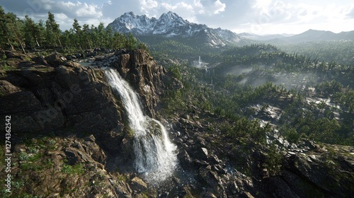 Majestic Waterfall Cascades Down Rocky Mountainside