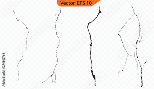 Realistic Wall Crack Vector Illustration – Flat Editable Fracture Surface, Ground Rift, and Broken Collapse Design on Transparent Background