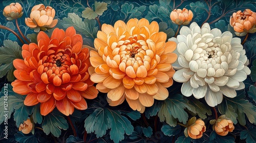 Vibrant display of three large chrysanthemums in orange, red, and white with lush green leaves