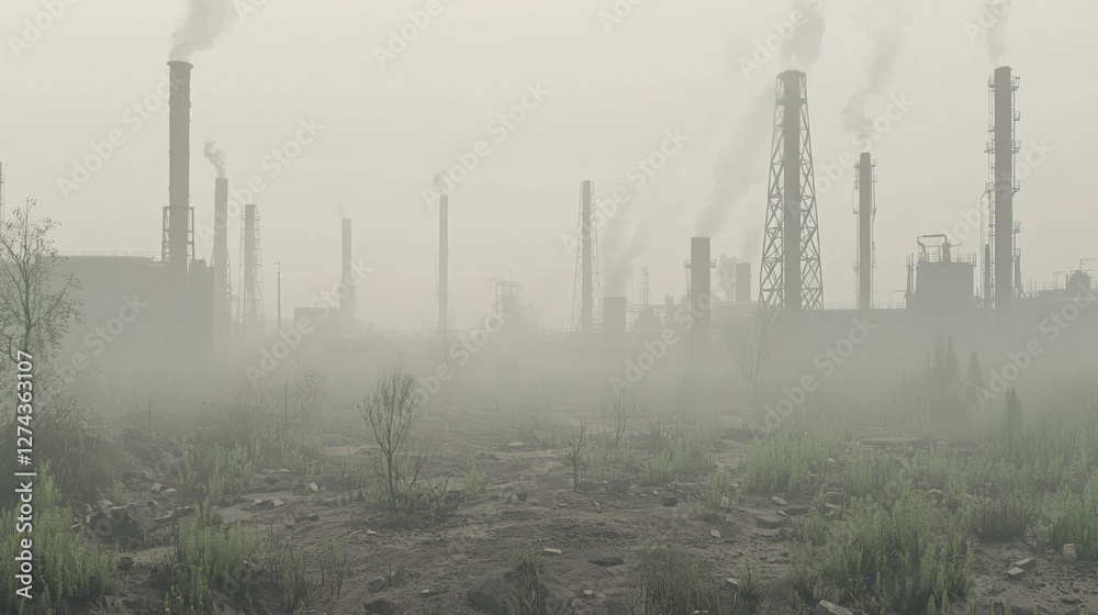 Fototapeta premium Foggy Industrial Landscape with Toxic Environment and Pollution