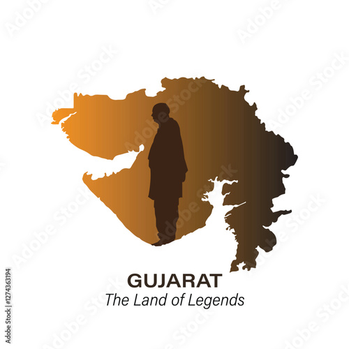 Indian State Gujarat silhouette Vector Map with Statue of Unity Inside, double exposer style