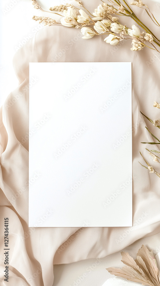 White piece of paper sits on a white cloth with flowers and leaves White piece of paper sits on a white cloth with flowers and leaves