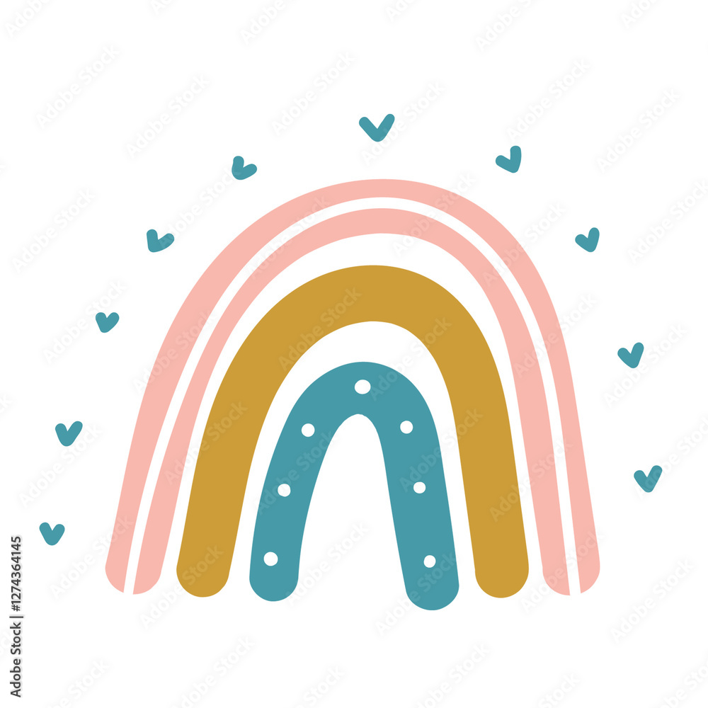 A colorful illustration of overlapping rainbows in various pastel colors, featuring hearts and polka dots.