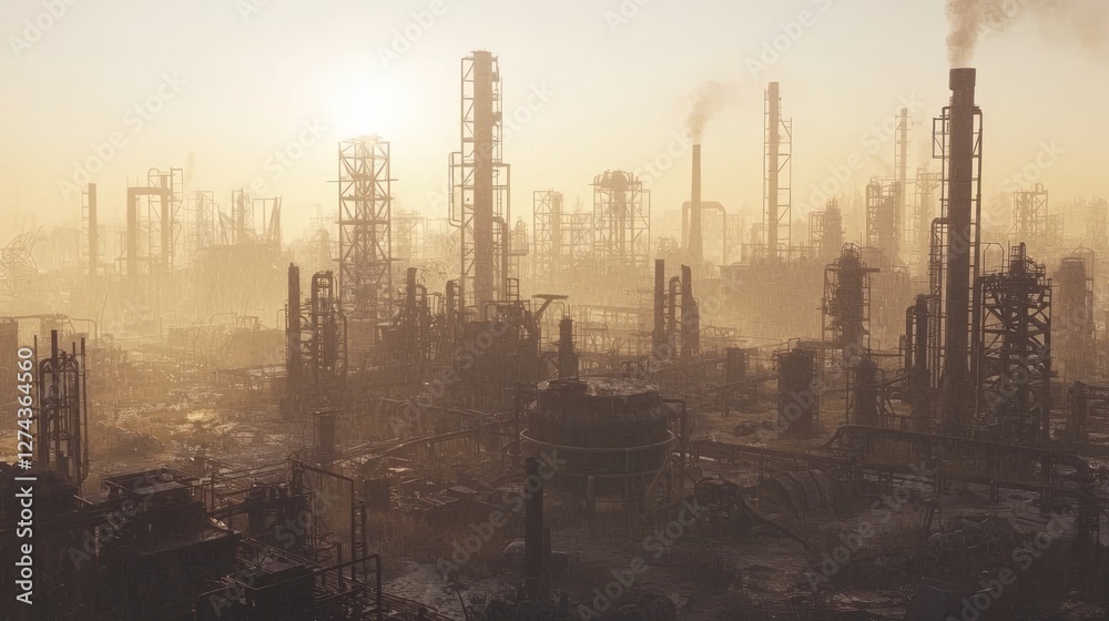 Obraz premium Ruined Industrial Complex in Rusty Twilight Glow with Smoke