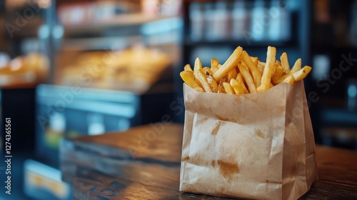 Delicious golden french fries in a paper bag on a wooden table in a restaurant setting close up shot with a blurred background