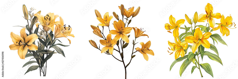 Obraz premium Collection of bright yellow lilies growing isolated on a transparent background