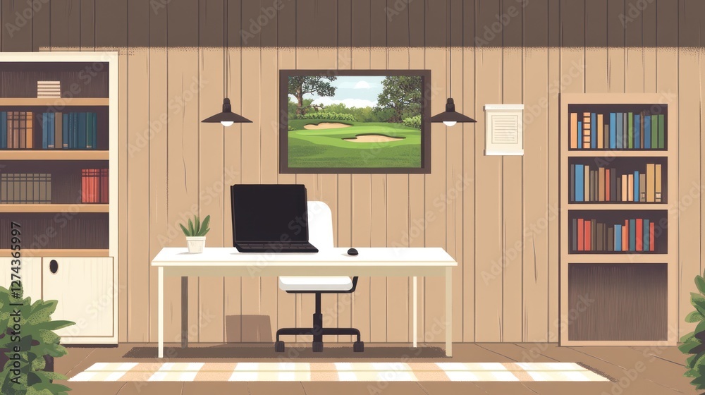 Fototapeta premium Home office, desk, bookshelves, golf course view, relaxing workspace