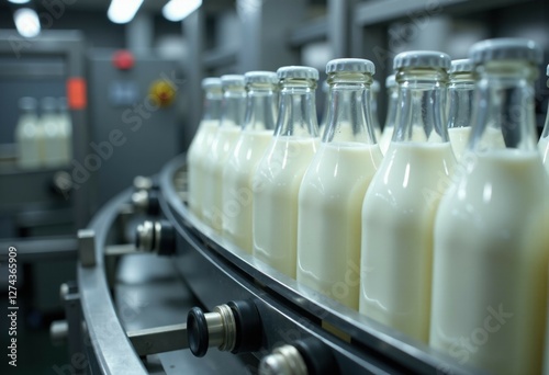 Milk bottles on conveyor belt in dairy processing plant