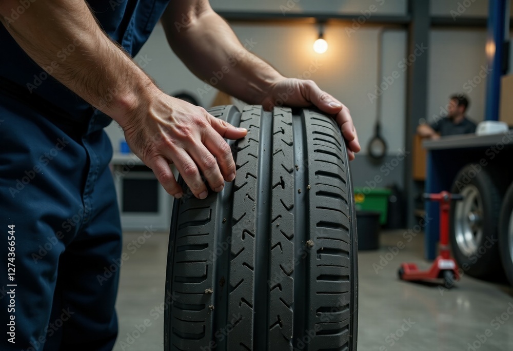 Fototapeta premium Male mechanic checking tire tread in garage workshop